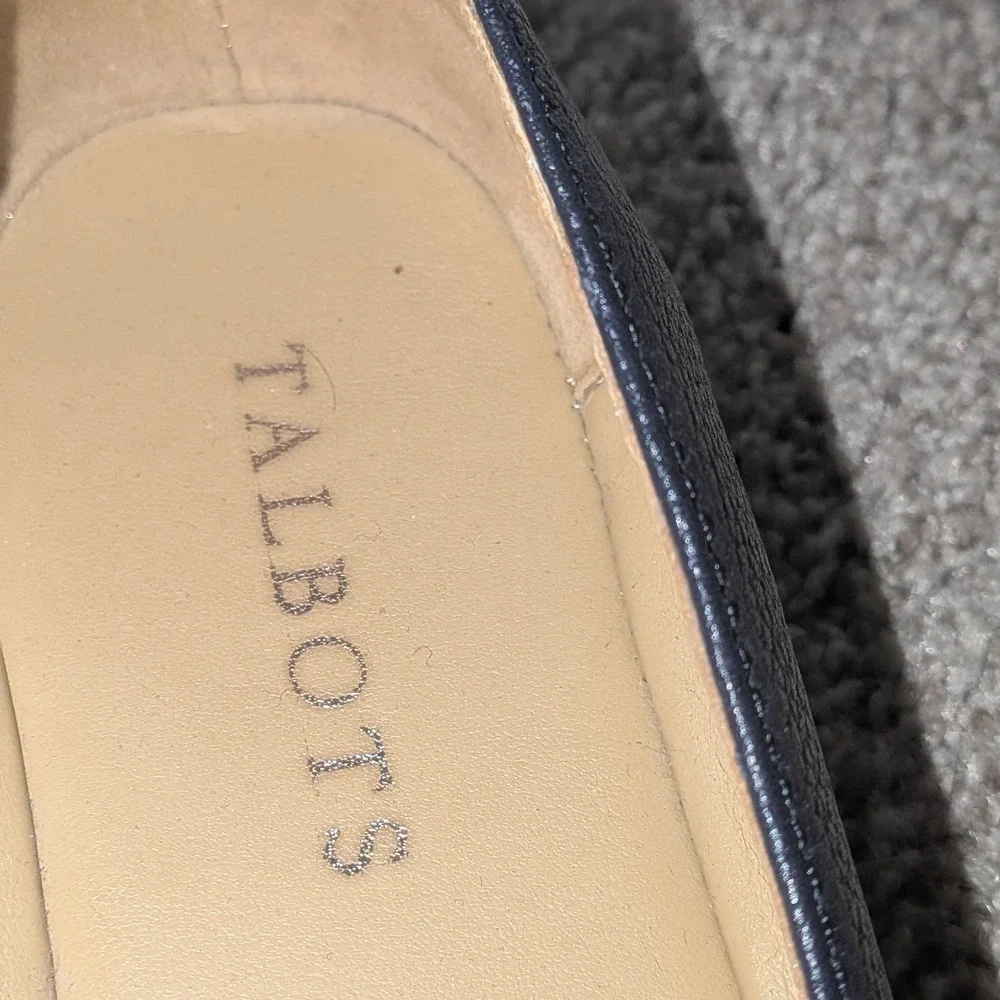 Talbots‎ Navy Blue Pebbled Leather Pointed Toe Loafers Striped Bow 6.5M Womens